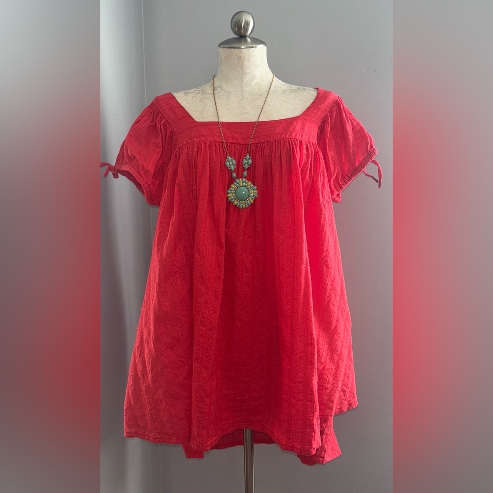 We the Free 100% Cotton Top Sz L -Red/Orange Flutter Sleeve Smocked Blouse.  #45